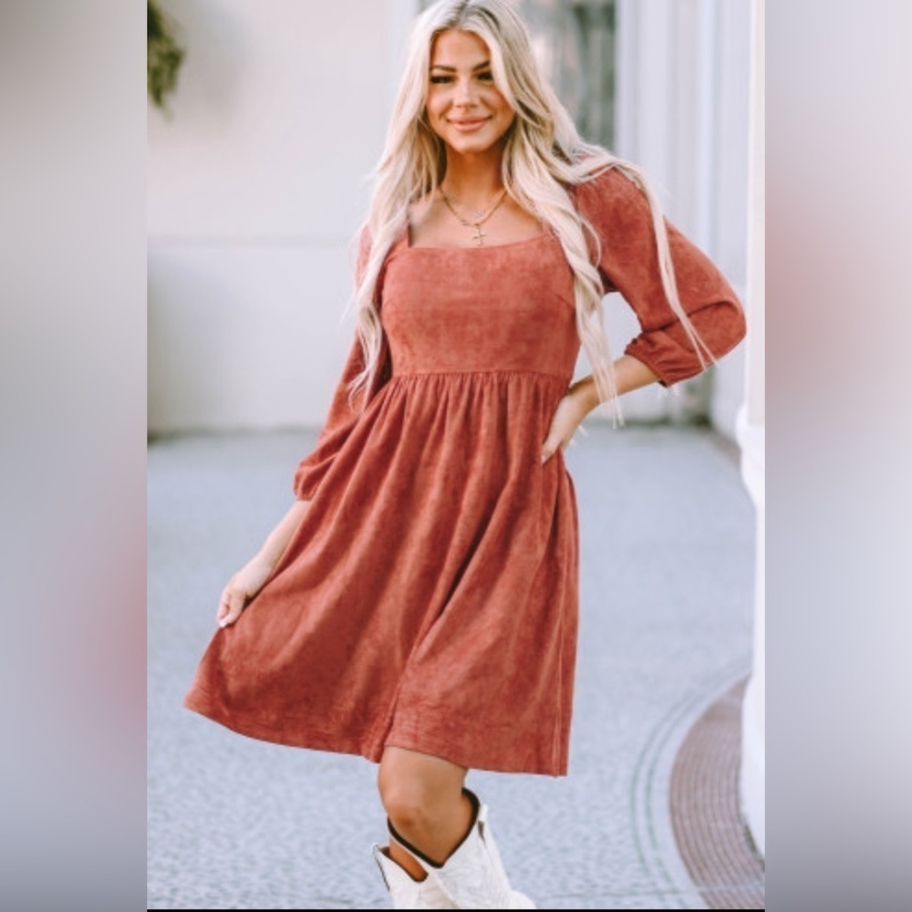 Country Western Faux Suede Rust Orange Brown Square Neck Puff Sleeve Dress